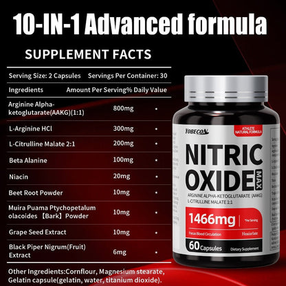 Nitric Oxide Supplement 1466mg with L-Arginine, L-Citrulline & Beet Root, Boosts Blood Flow, Pump