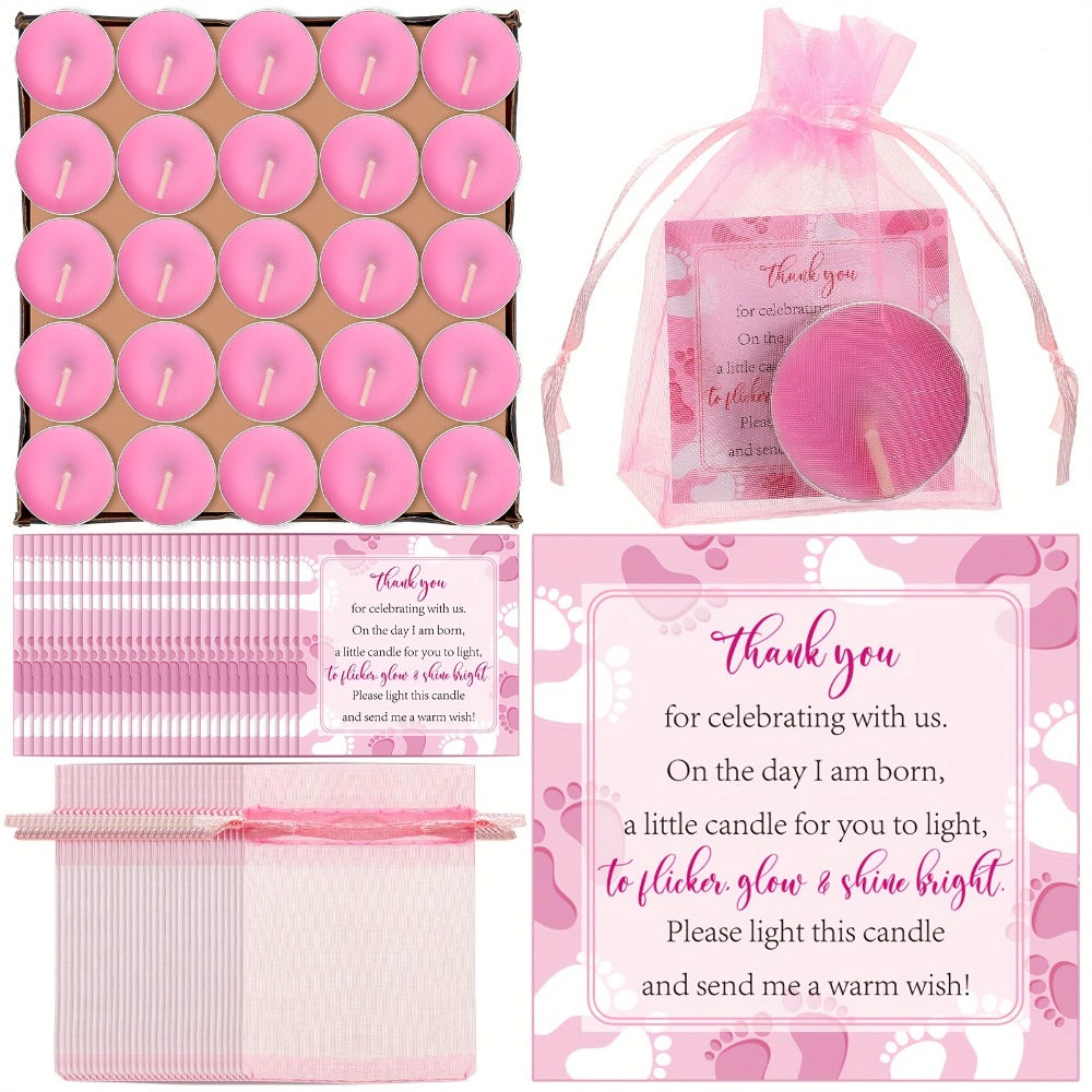 Tealight Candles Party Favor Sets 50 Pack with Gift Bags and Cards - Unscented Paraffin Wax for Parties, Celebrations and Guest Favors