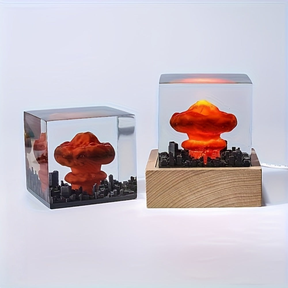 Night Light Mushroom Cloud USB LED Display Lamp with Red Glow, Clear Cube Shade and Sci-Fi Desk Accent Design