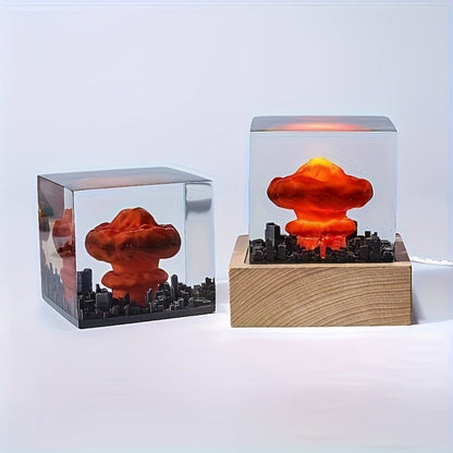Night Light Mushroom Cloud USB LED Display Lamp with Red Glow, Clear Cube Shade and Sci-Fi Desk Accent Design
