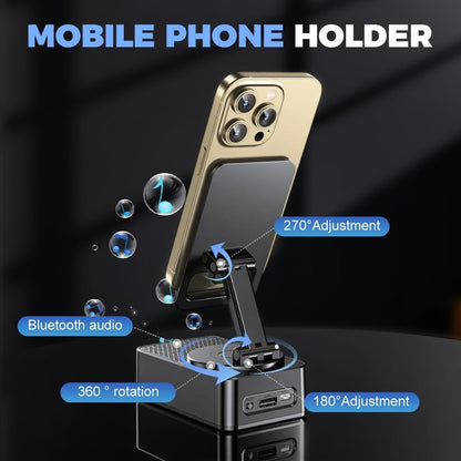 Induction Wireless Speaker Phone Holder Stand 3-in-1, Foldable Tabletop Mount with Stereo Bass Amplifier