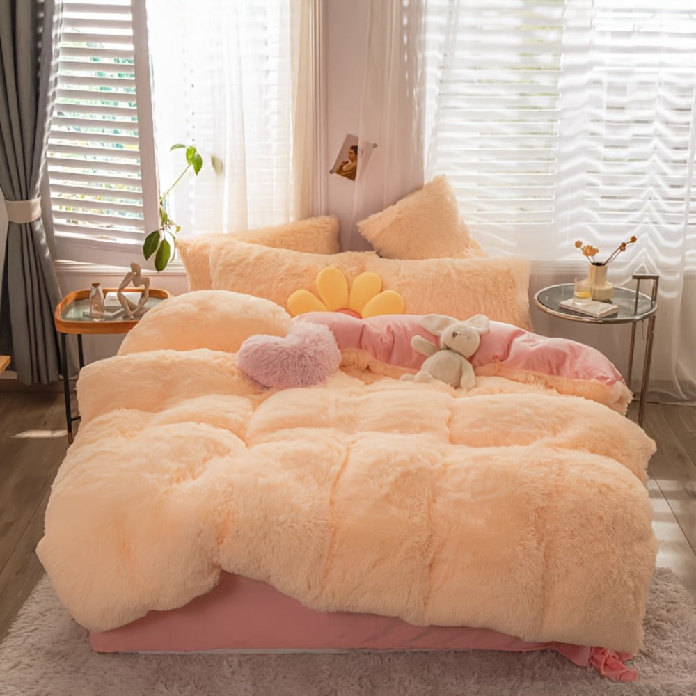 Velvet Duvet Cover Set Fluffy Plush Bedding Minimalist Solid Color, Carved Velvet Quilt Cover with Pillow Shams