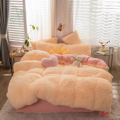 Velvet Duvet Cover Set Fluffy Plush Bedding Minimalist Solid Color, Carved Velvet Quilt Cover with Pillow Shams