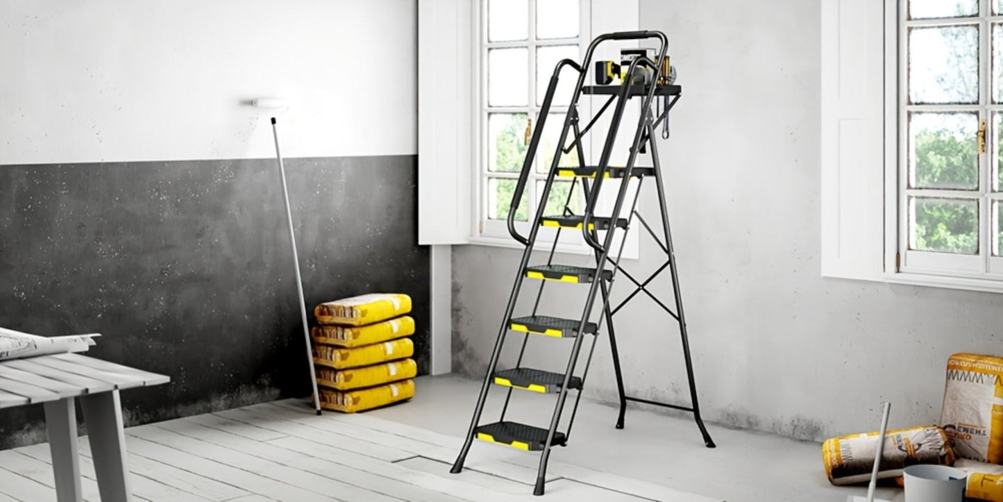 6 Step Ladder with Handrails & Tool Platform, Folding Step Stool Wide Pedal Steel Safety Ladder for Adults
