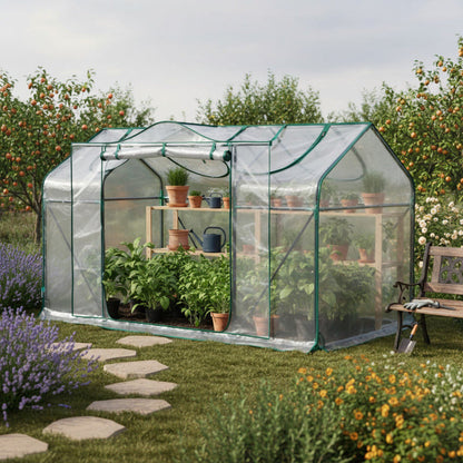 Walk-In Greenhouse Outdoor with Screen Windows, PE Cover, Portable Plant Shelter with Shelving Clips