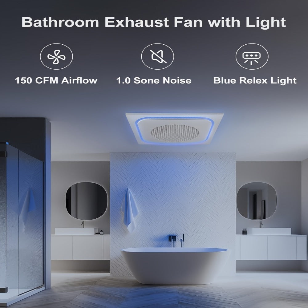 Bathroom Exhaust Fan with Light 150 CFM 1.0 Sone - 40W LED Night Light Ventilation Fan Combo, Quiet Bath Fan with Blue LED