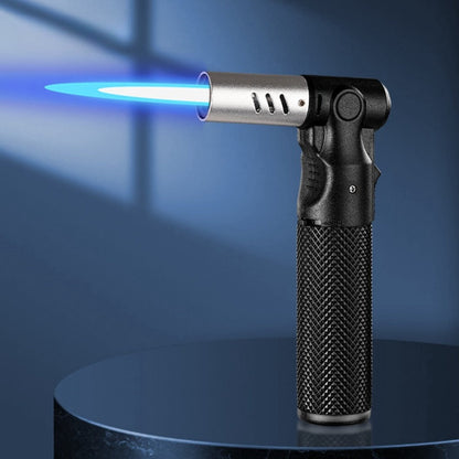 Angled-Nozzle Torch Lighter with Knurled Cylindrical Grip, Standing Body and Three Finish Options