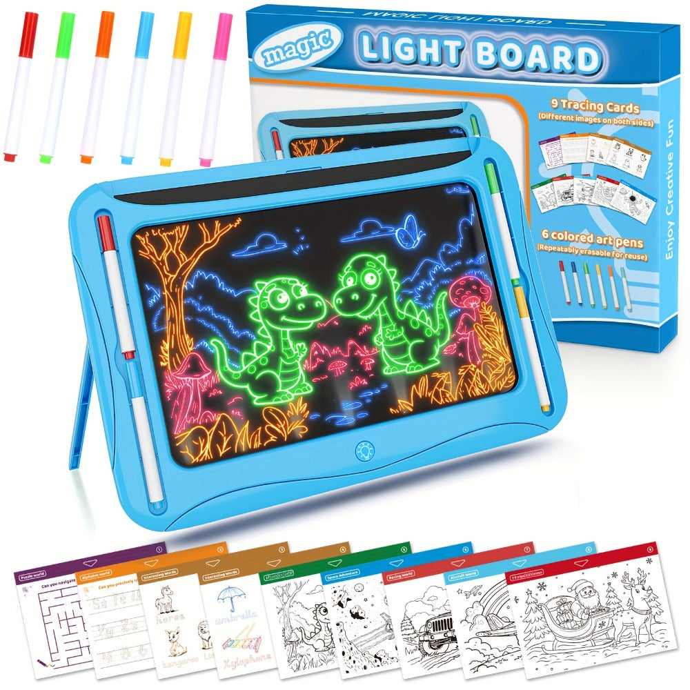 LED Light Up Drawing Board for Kids, 9 Double-Sided Tracing Cards 6 Markers Glow Doodle Travel Art Toy for Girls Boys Ages 3-8