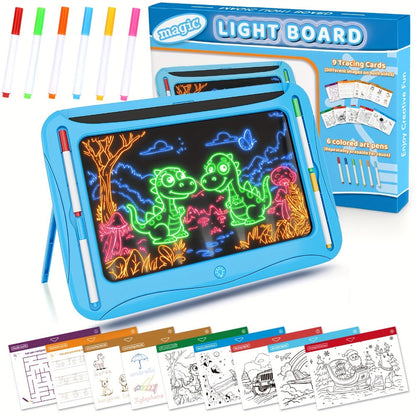 LED Light Up Drawing Board for Kids, 9 Double-Sided Tracing Cards 6 Markers Glow Doodle Travel Art Toy for Girls Boys Ages 3-8