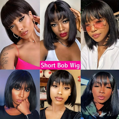 Straight Bob Human Hair Wig with Full Machine-Made Cap, Black Finish and Bangs, 8–16 Inch Options