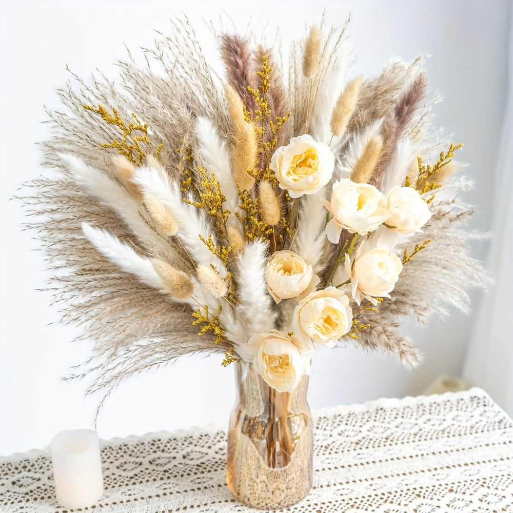 Dried Flower Bouquet Pampas Grass with Artificial White Beige Roses 51 91pcs Boho Dried for Entryways, Bedrooms and Living Spaces