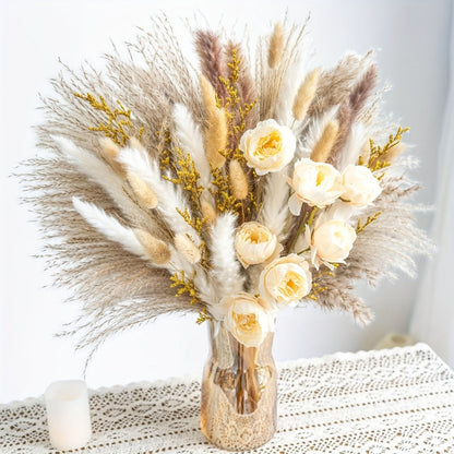 Dried Flower Bouquet Pampas Grass with Artificial White Beige Roses 51 91pcs Boho Dried for Entryways, Bedrooms and Living Spaces