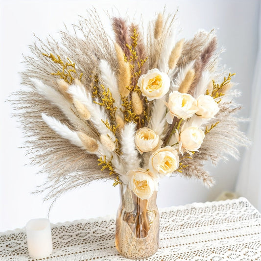 Dried Flower Bouquet Pampas Grass with Artificial White Beige Roses 51 91pcs Boho Dried for Entryways, Bedrooms and Living Spaces