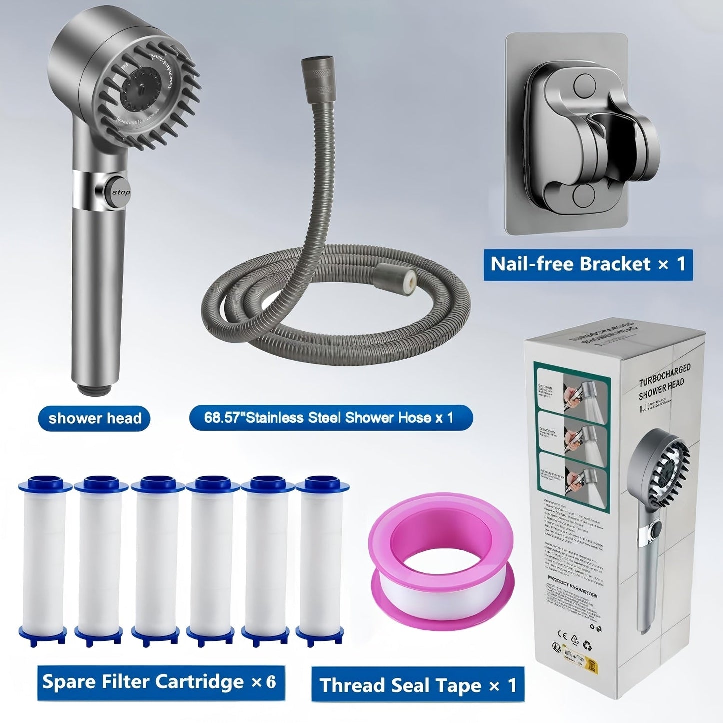 High Pressure Shower Head Set 4-Piece – Turbine Spray Wall Mounted, 3-Stage Adjustable Mode, 6 Water Filters & 68" Hose