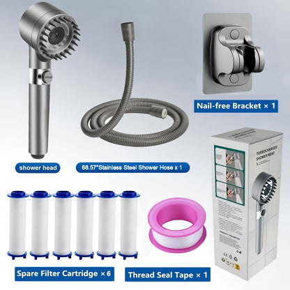 High Pressure Shower Head Set 4-Piece – Turbine Spray Wall Mounted, 3-Stage Adjustable Mode, 6 Water Filters & 68" Hose