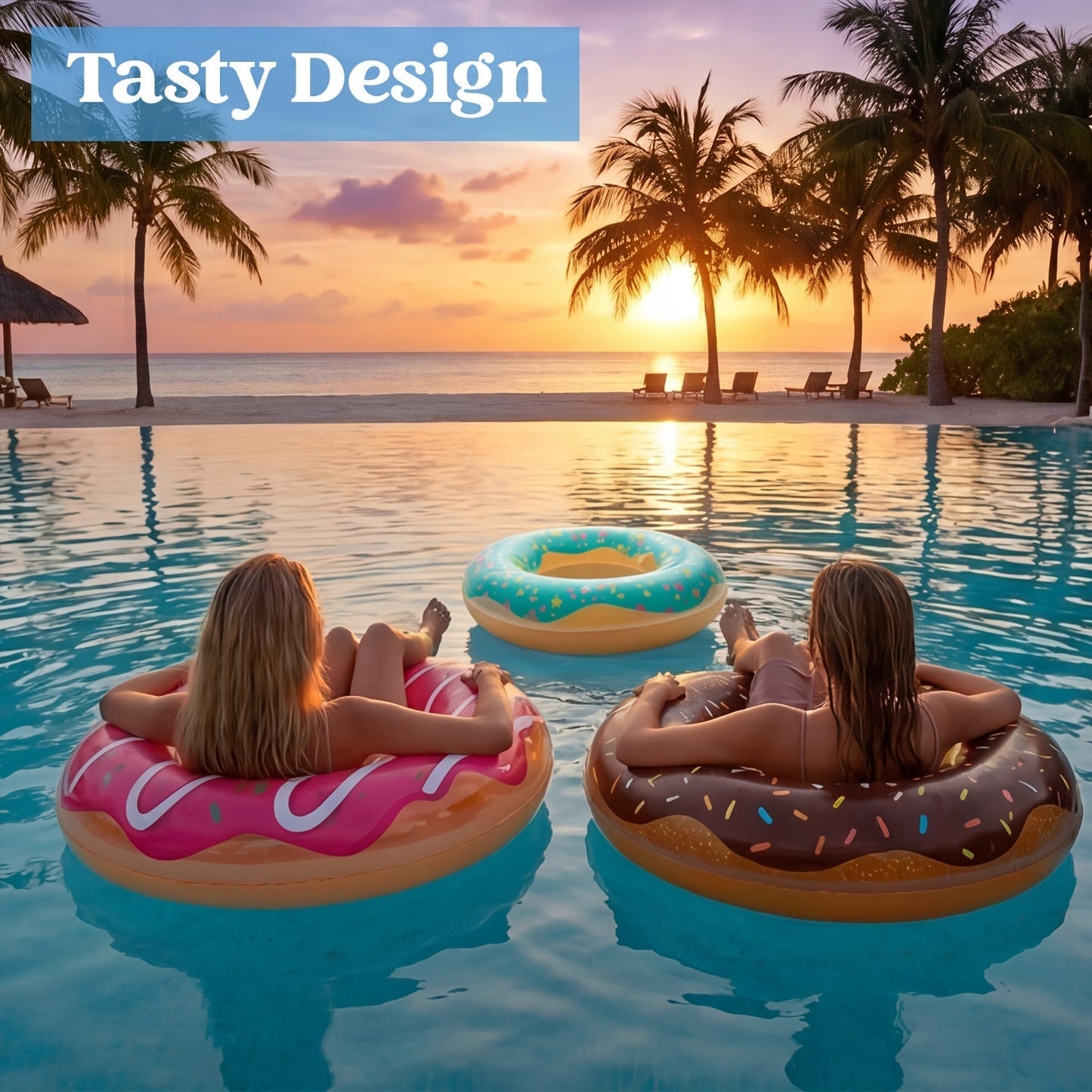 Pool Float Donut Ring Three-Pack with Glitter-Style Strawberry, Chocolate and Mint Designs, 32.5-Inch Diameter