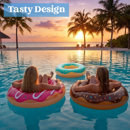 Pool Float Donut Ring Three-Pack with Glitter-Style Strawberry, Chocolate and Mint Designs, 32.5-Inch Diameter