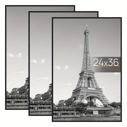 Poster Frame 24x36 Black 3 Pack, Slide-In Picture Frames for Horizontal or Vertical Wall Mounting, Scratch-Proof Lightweight Gallery Wall