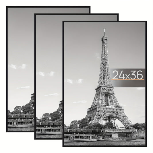 Poster Frame 24x36 Black 3 Pack, Slide-In Picture Frames for Horizontal or Vertical Wall Mounting, Scratch-Proof Lightweight Gallery Wall