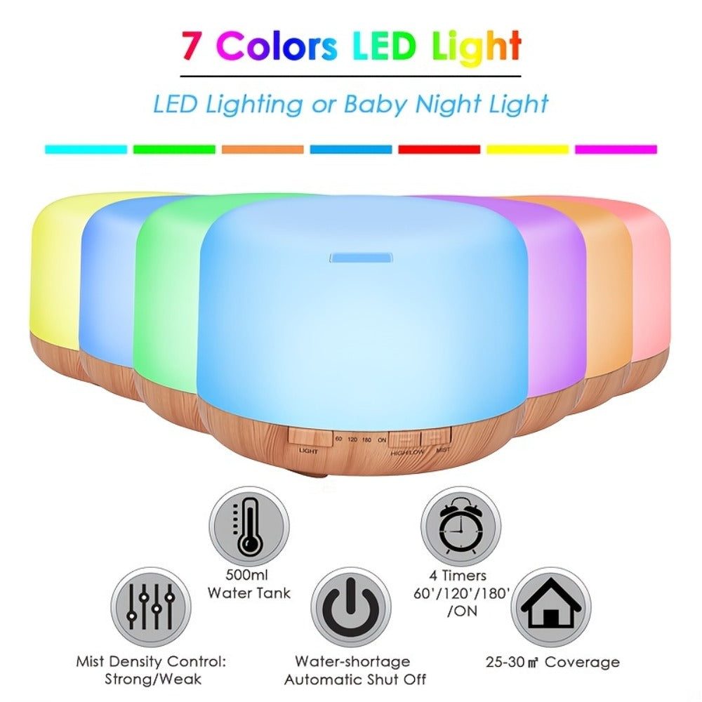 Large Room Essential Oil Diffuser 16.91oz, Timer, 7 Ambient LED Lights, No Water Auto-Off, Wood Grain Design for Home & Office