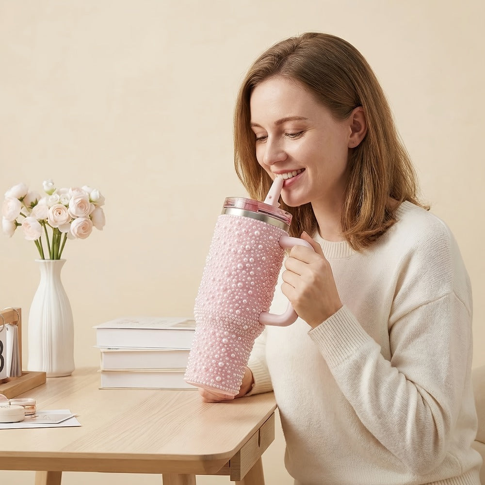 Insulated Tumbler 40oz Pearl Rhinestone Stainless Steel with Handle and Straw in White or Pink
