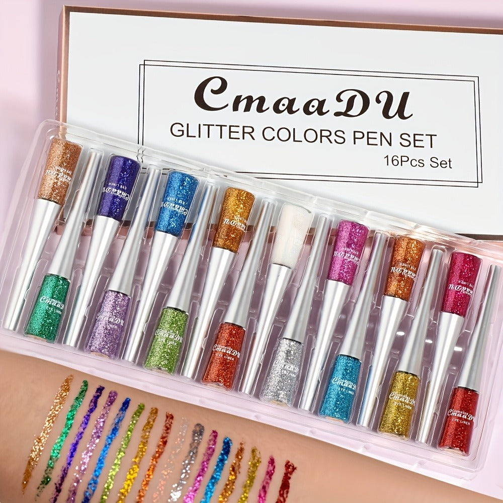 Glitter Liquid Eyeliner Set 16 Colors Waterproof Shimmer Metallic Eye Liner Pen Kit – Long-Lasting Smudge-Proof Sparkle Eye Makeup for Party
