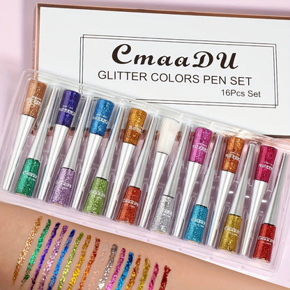 Glitter Liquid Eyeliner Set 16 Colors Waterproof Shimmer Metallic Eye Liner Pen Kit – Long-Lasting Smudge-Proof Sparkle Eye Makeup for Party