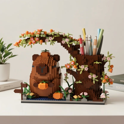 Building Block Set Capybara Pen Holder, 1880 Micro Pieces with Flowering Tree, Pencil Storage and 22cm Base