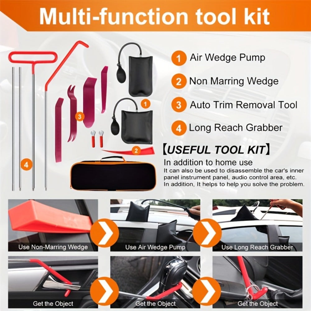 Fourteen-Piece Automotive Entry and Trim Tool Kit with Air Wedges, Long-Reach Rods and Carry Case