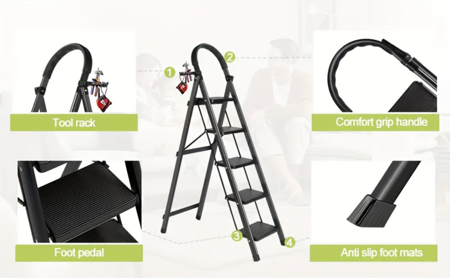 Folding Step Ladder 3 / 4 / 5 Step with Anti-Slip Pedal & Tool Tray, Portable Steel Step Stool for Adults