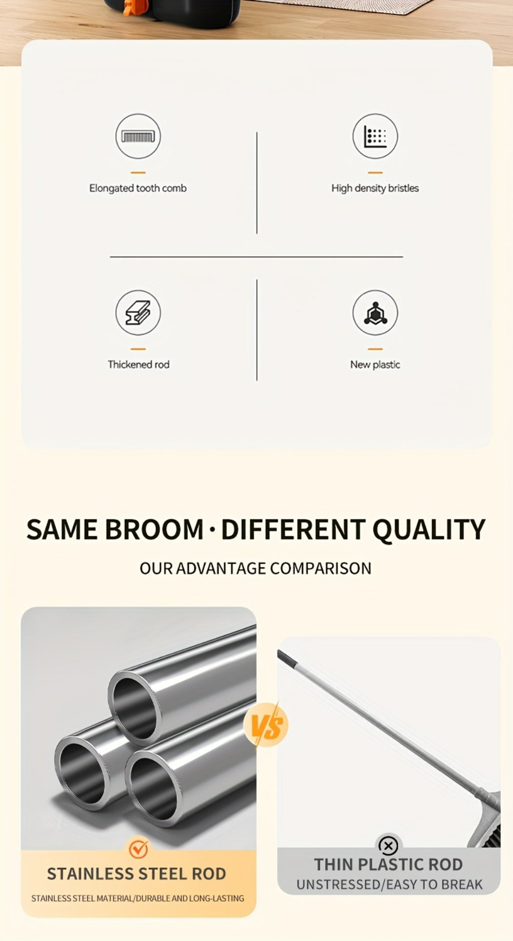 Folding Broom and Dustpan Set with Sectioned Handle, Rotating Head and Nine Blue, Orange or Khaki Checkout Options