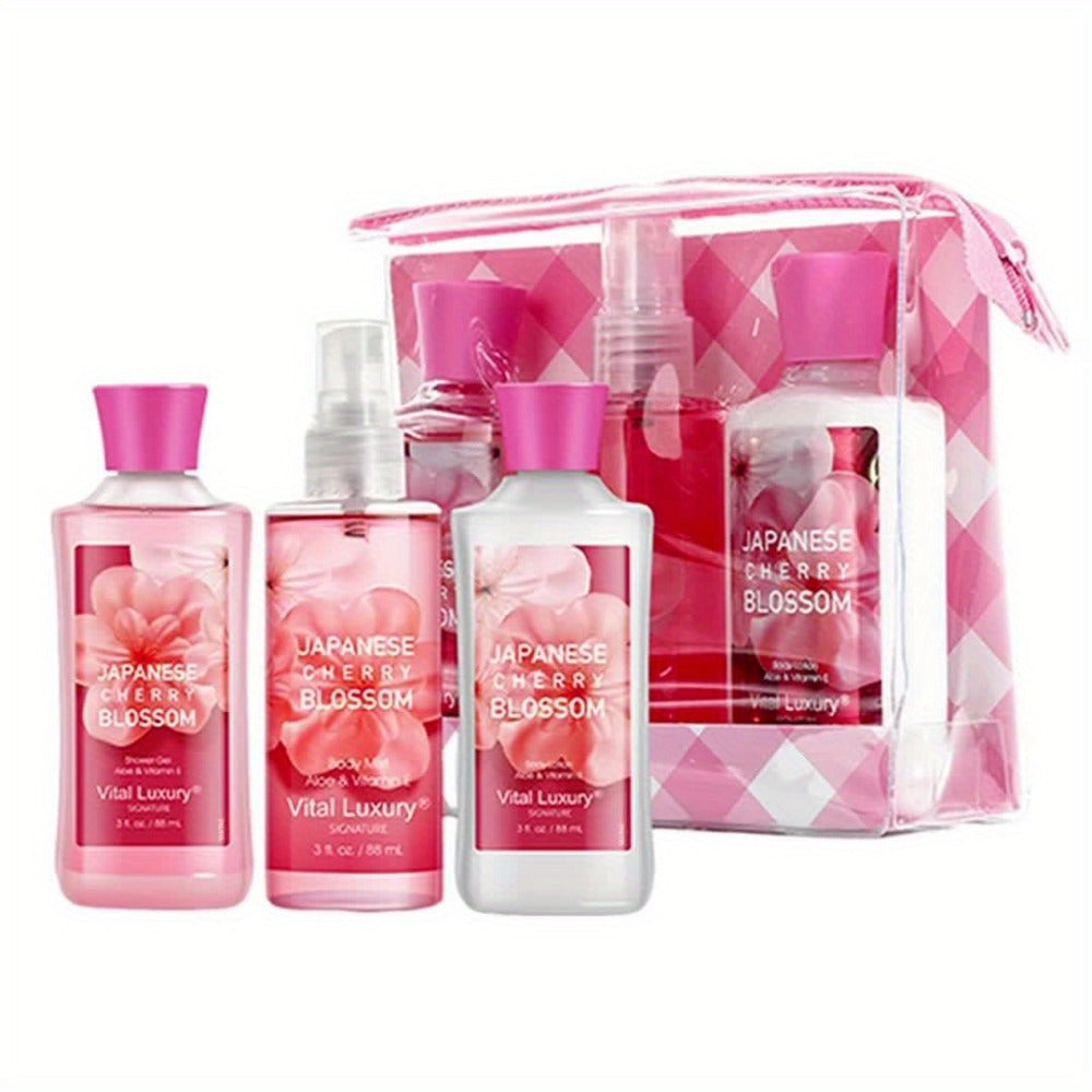 Bath Body Care Gift Set Shower Gel Body Lotion Body Mist Aloe Vera Vitamin E Glycerin Deep Moisturizing Fragrance Set for Women Cherry