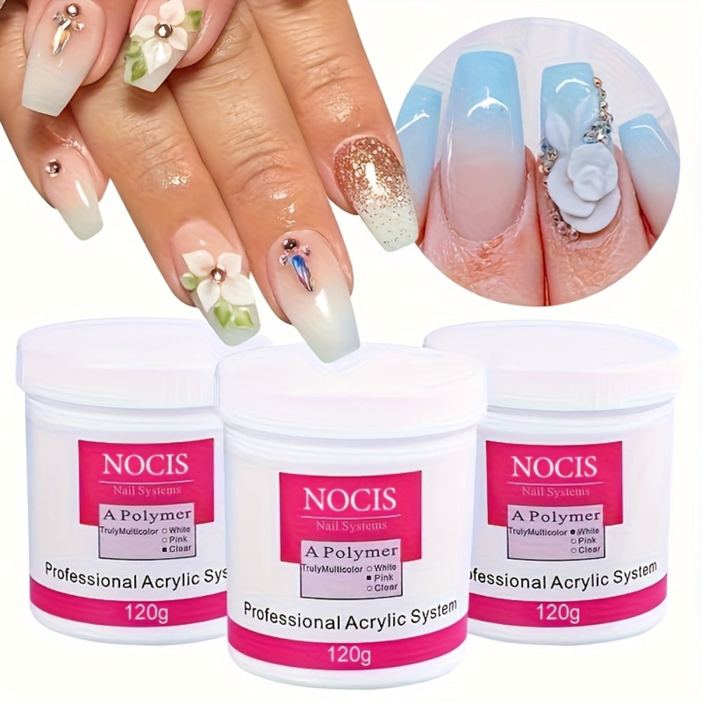 No Lamp Acrylic Nail Extension Powder 120g Clear Pink White, Crystal Formula for Carving 3D Nail Art