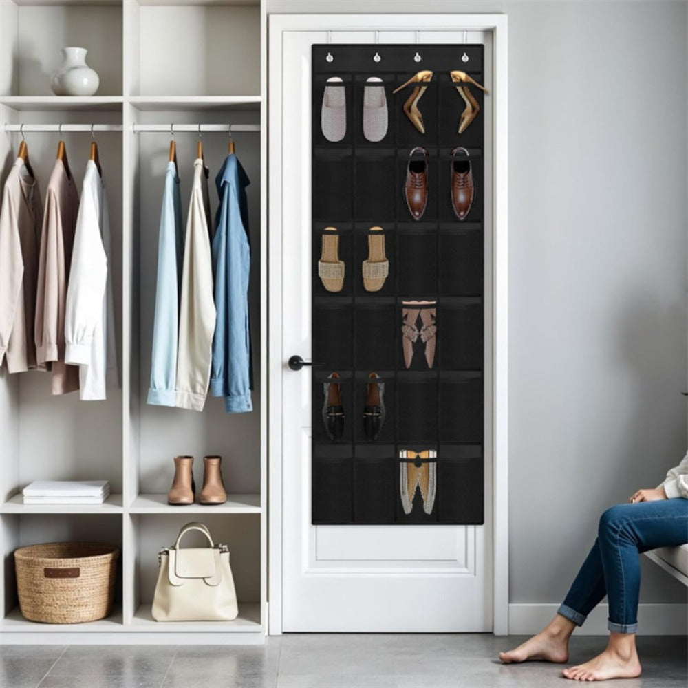 Over Door Shoe Organizer 24 Large Mesh Pockets, Foldable Breathable Hanging Storage Rack for Entryways, Bedrooms and Living Spaces