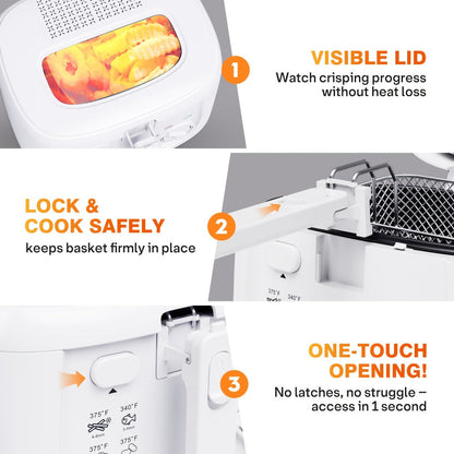 1500W Deep Fryer in Black or White with 84.54-Ounce Source Capacity, Windowed Lid and Rotary Dial