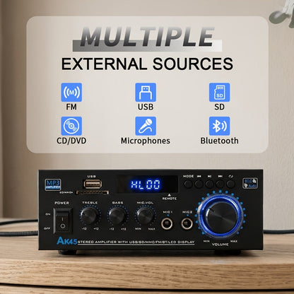 400W Bluetooth 5.0 Stereo Amplifier Receiver AK45, 2-Channel Home Audio Power Amp with Karaoke, FM Radio, USB MMC SD Card