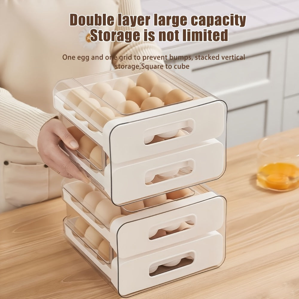 Egg Storage Container 32 Grid Double Layer with Drawer | Fridge Egg Holder Organizer | Sturdy PET+PP Stackable Egg Tray for Refrigerator