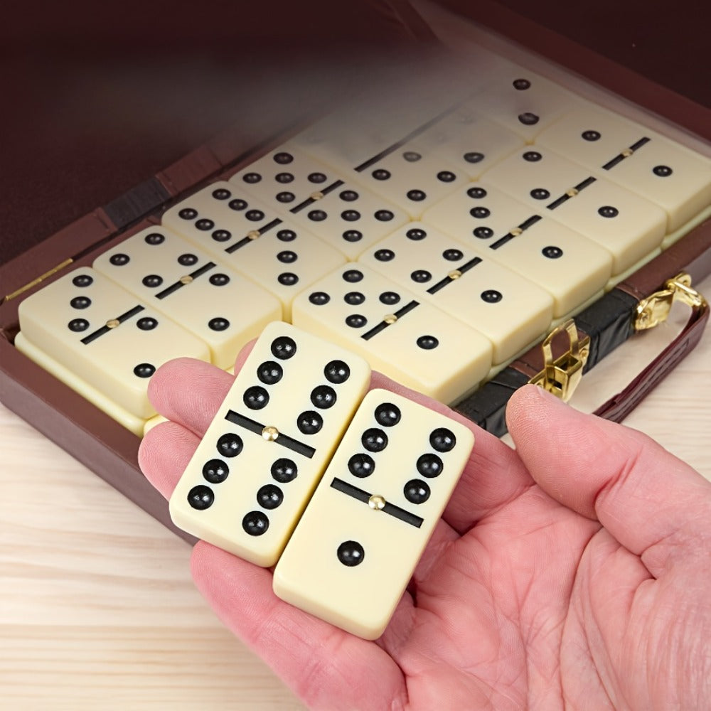 Domino Set 28 Tiles Classic Black with Leather Case – Durable Plastic Dominoes Portable Storage Box for Family Games Party Group Play