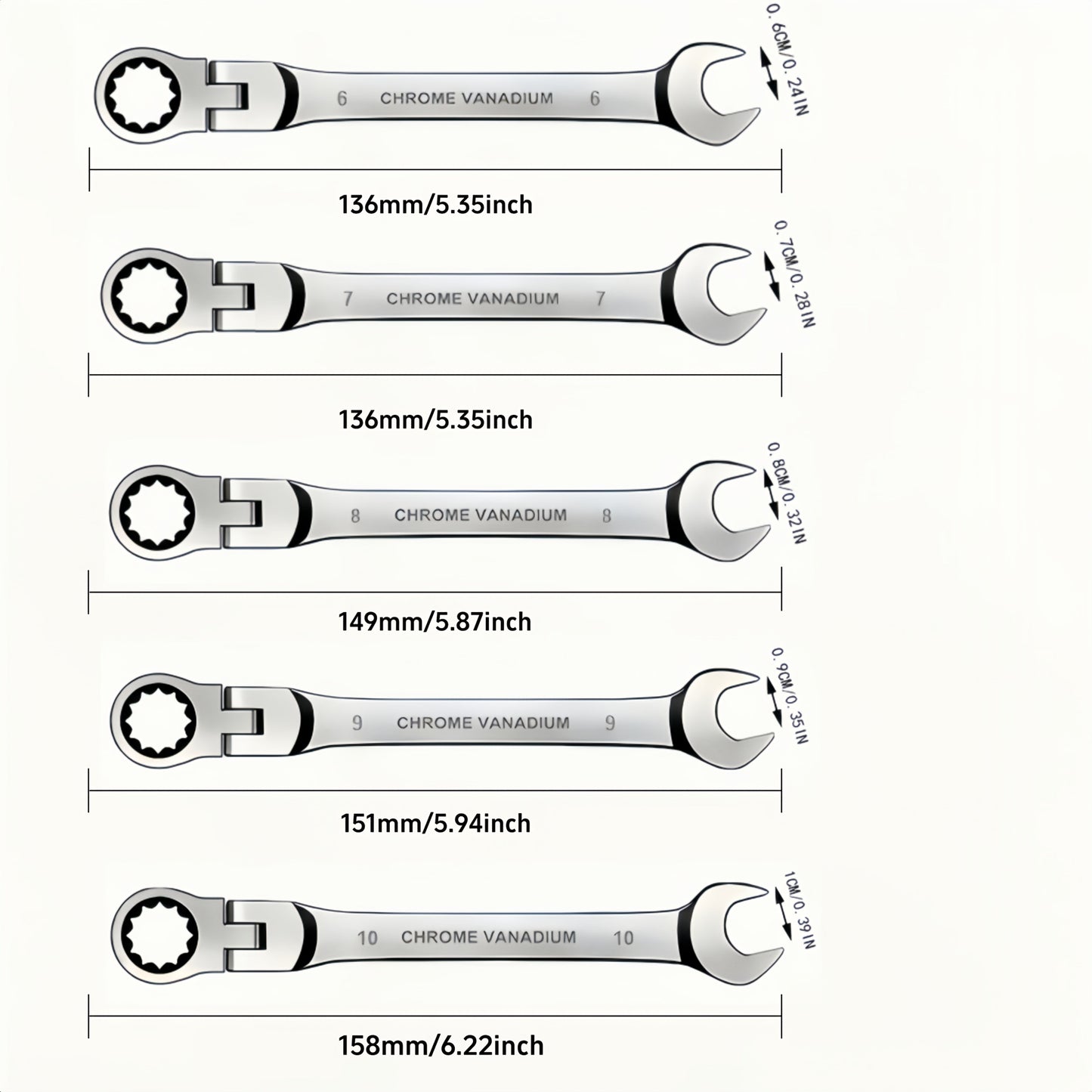 CR-V Flex Head Ratchet Wrench Set 5-Piece – 2-in-1 Reversible Open End & Hex Socket Dual-Purpose Kit | Automotive Engine Bay, Plumbing