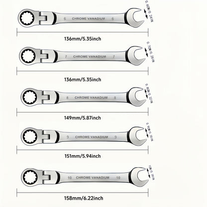 CR-V Flex Head Ratchet Wrench Set 5-Piece – 2-in-1 Reversible Open End & Hex Socket Dual-Purpose Kit | Automotive Engine Bay, Plumbing