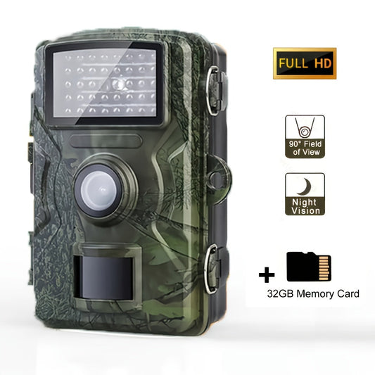 48MP 1296P Trail Camera with Infrared LEDs, Color Screen and Included 32GB Memory Card in Green Camo Housing