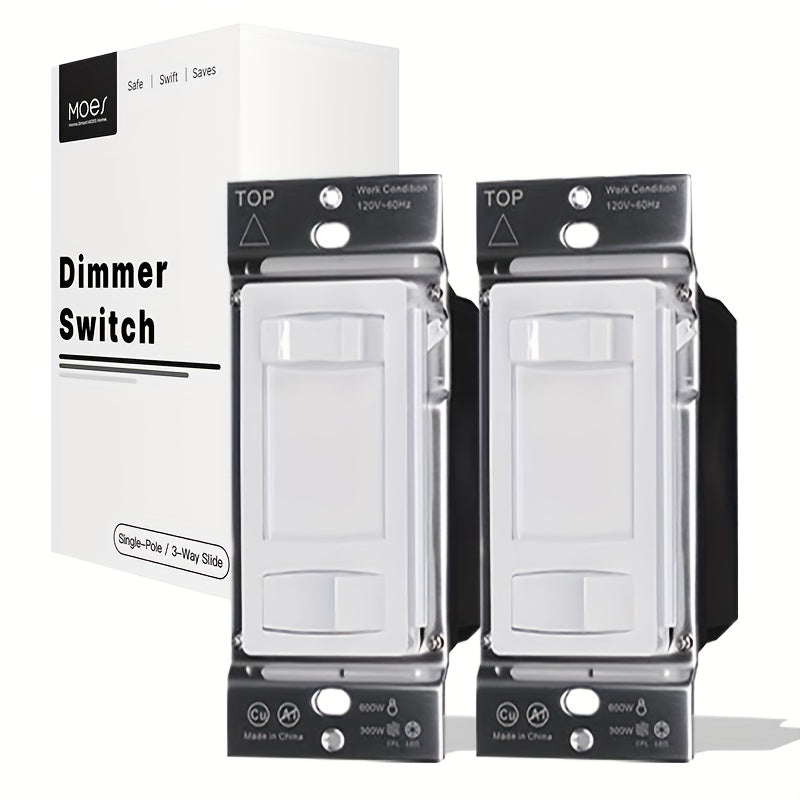 MOES Slide Dimmer Light Switch 3-Way & Single Pole No Neutral Wire, 600W Max, Compatible with LED CFL Incandescent Halogen