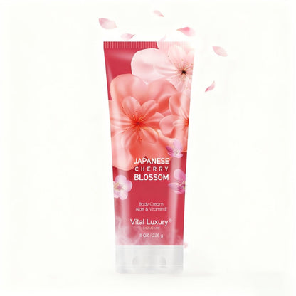 Japanese Cherry Blossom Body Lotion in 8 fl oz Squeeze Tube with Vitamin E and Glycerin Labels