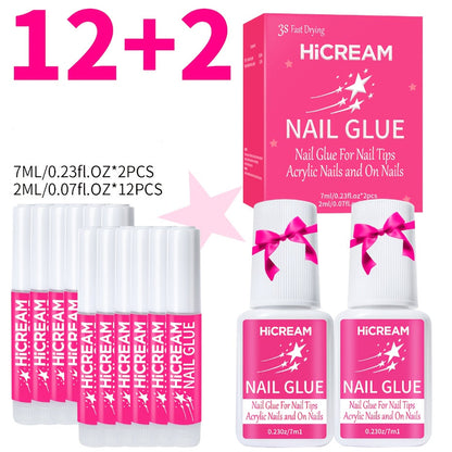 Acrylic Nail Glue Set 14 Pcs No Lamp Quick Dry Super Strong Bond – 12×2ml + 2×7ml Bulk Pack for Press On Nails, Fake Nails