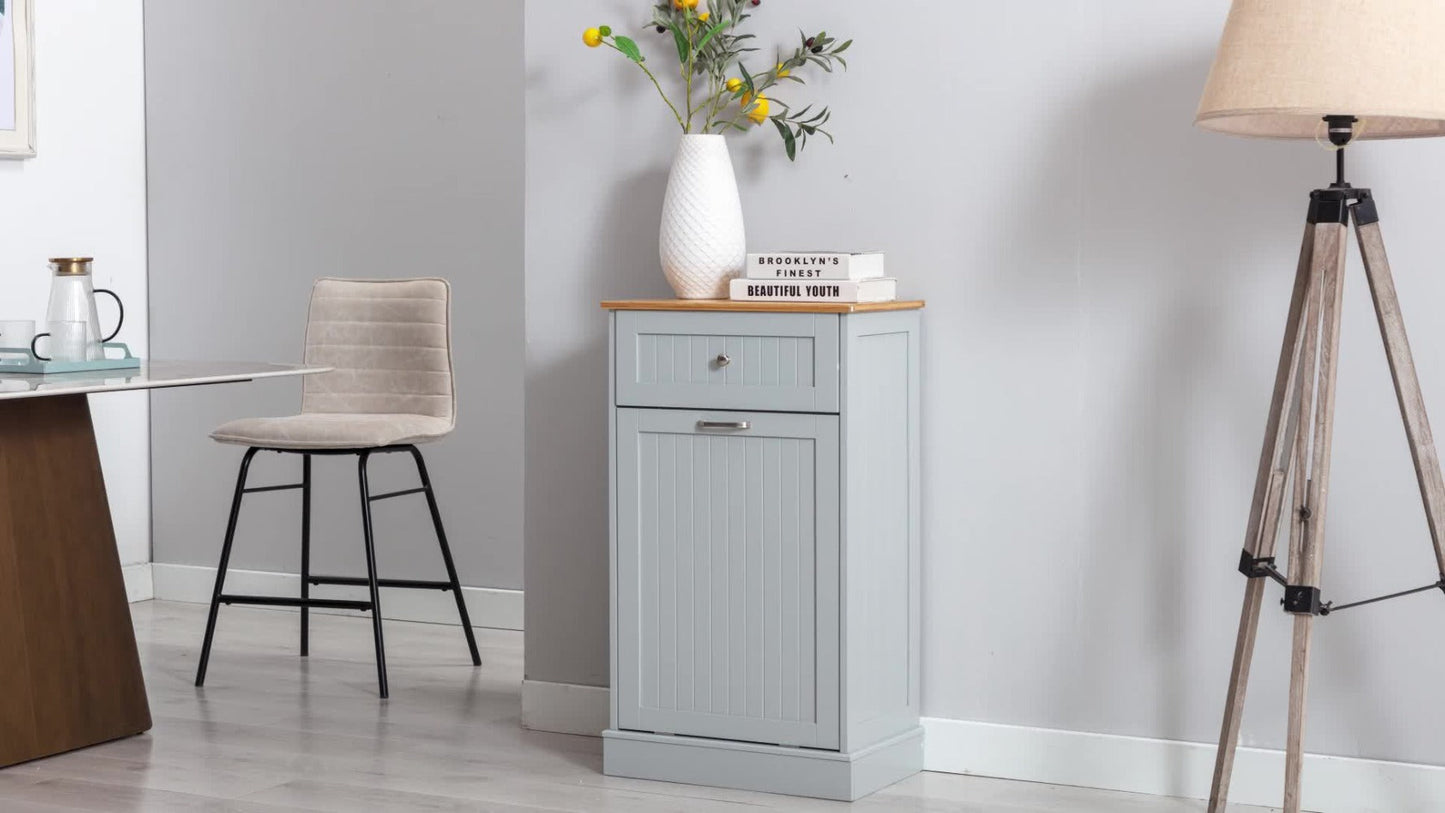 Tilt Out Trash Cabinet Freestanding Kitchen Garbage Cabinet with Cutting Board & Drawer, Wood Hideaway Recycling Station