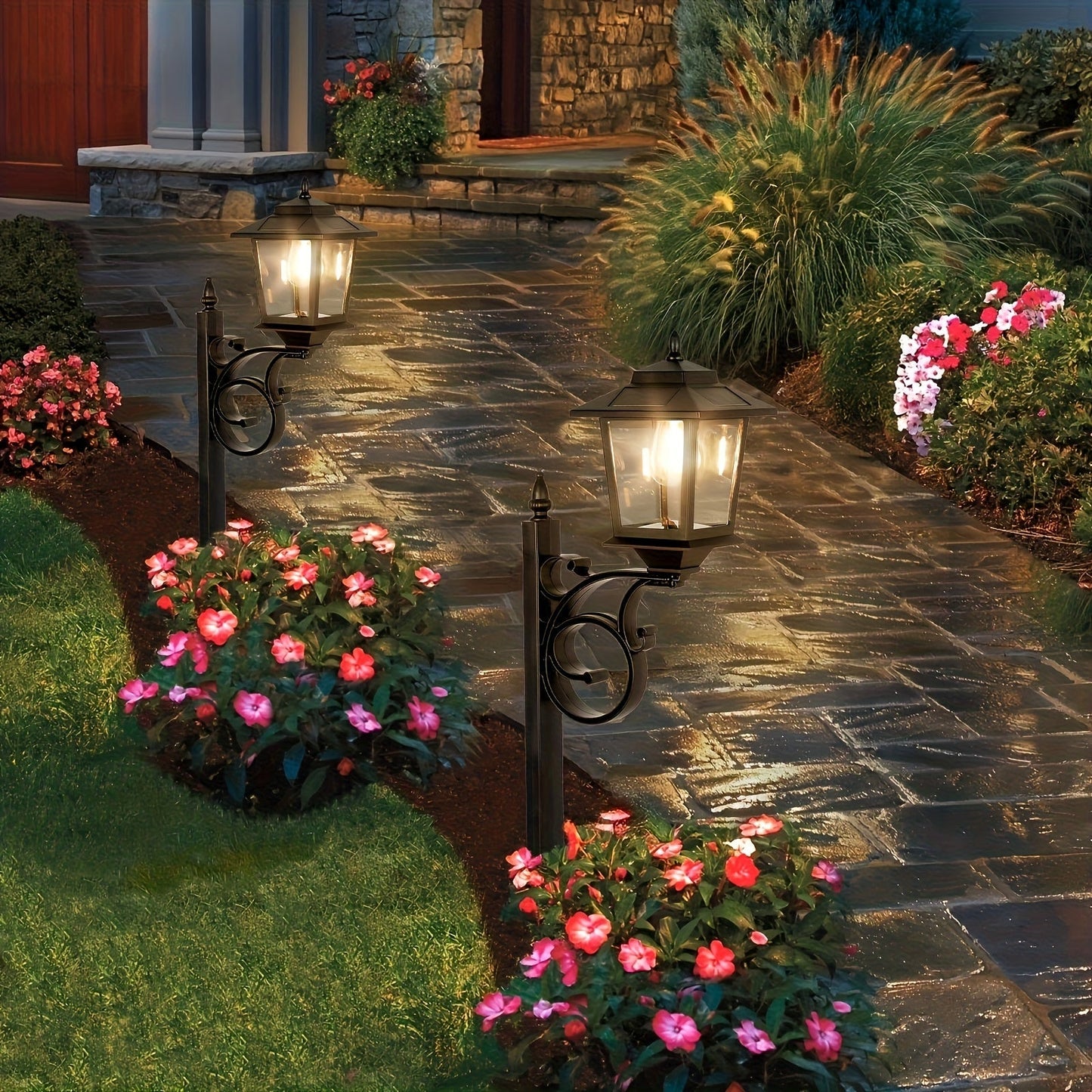 Solar Garden Light HOODINK Black Flower-Pot Lamp Post with Solar Panel, IP44 Label and 1- or 2-Pack Options