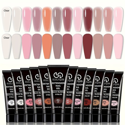 Twelve-Color Poly Extension Gel Tube Set with Nude, Pink, White and Clear Shades for UV or LED Nail Art and Extensions