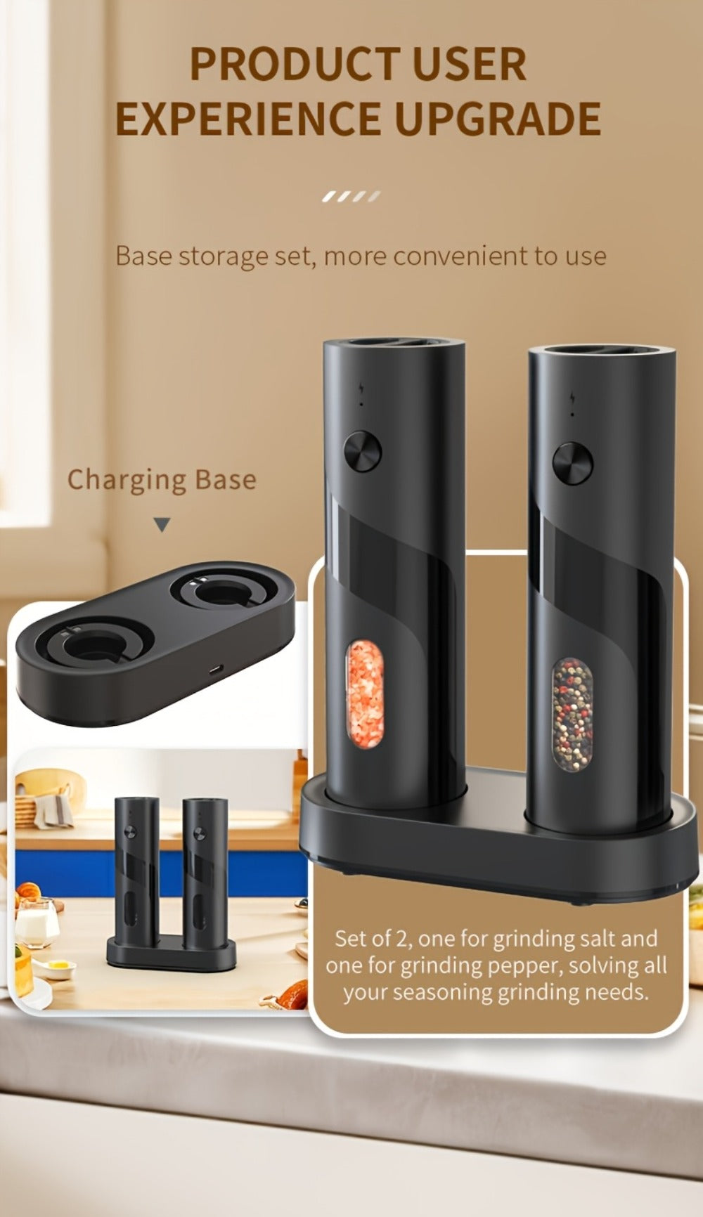 Electric Salt and Pepper Grinder Set with LED Light, Rechargeable Salt Pepper Mill, Adjustable Coarseness 3.72oz Large