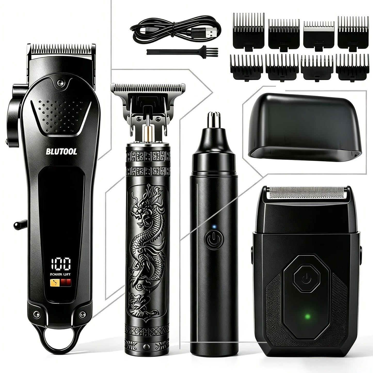 USB Precision Hair Clipper Set for Men, Wireless Electric Clippers & Nose Trimmer Shaver for Everyday Face, Beard and Body Grooming