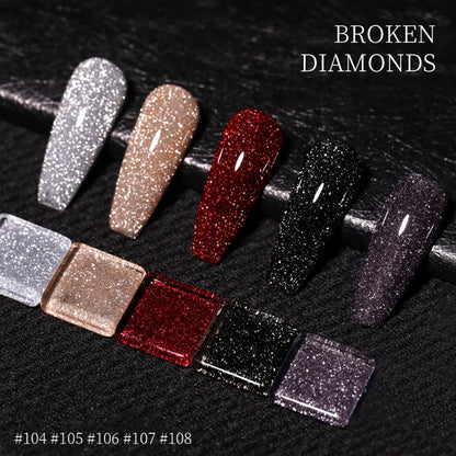 Gel Nail Polish 5-Color Broken-Stone Glitter Set in 0.51oz Bottles with Sparkling Finish and UV/LED Soak-Off Cure